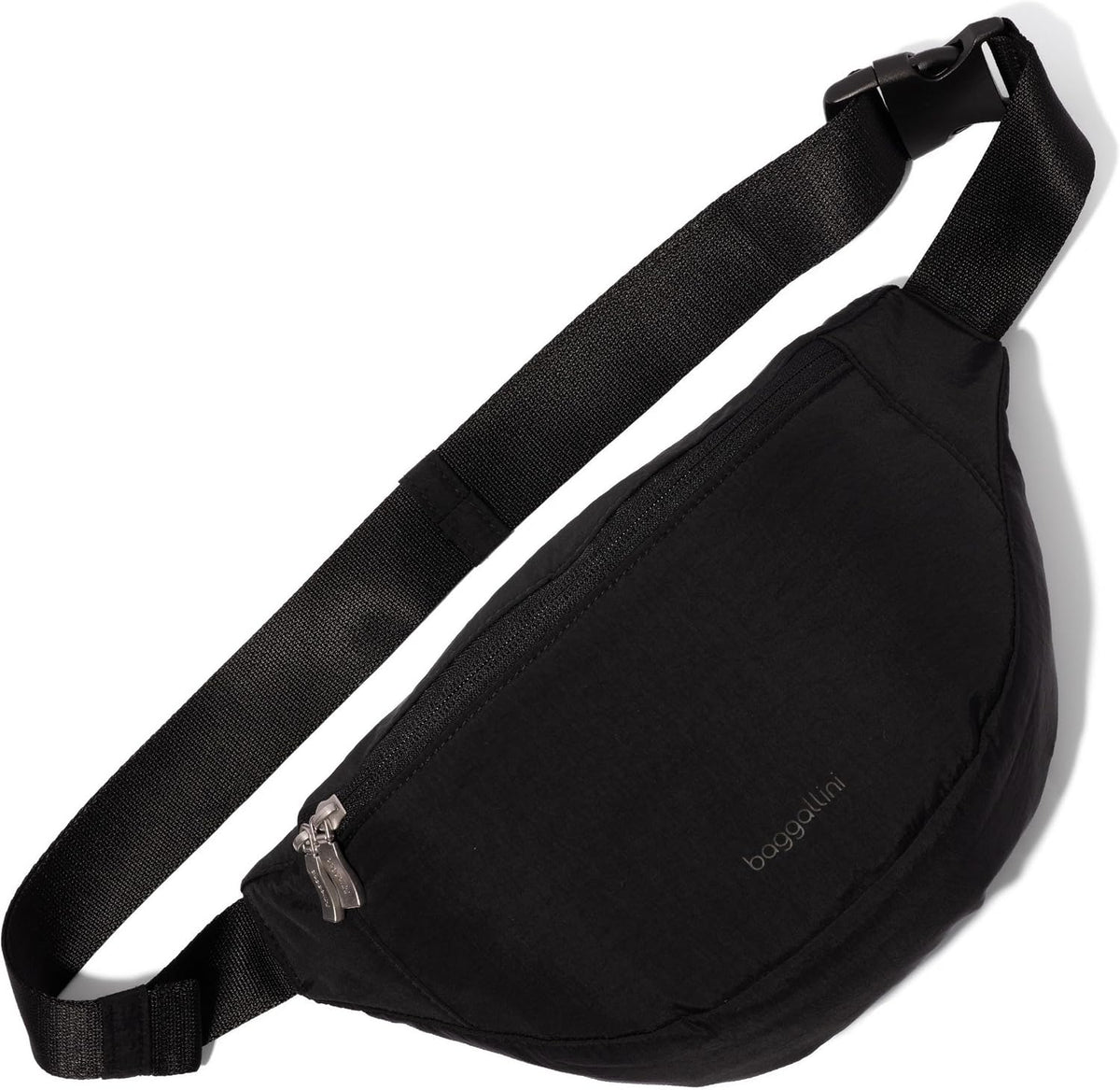 Baggallini style swift belt bag sling bag front view in b-lite black nylon