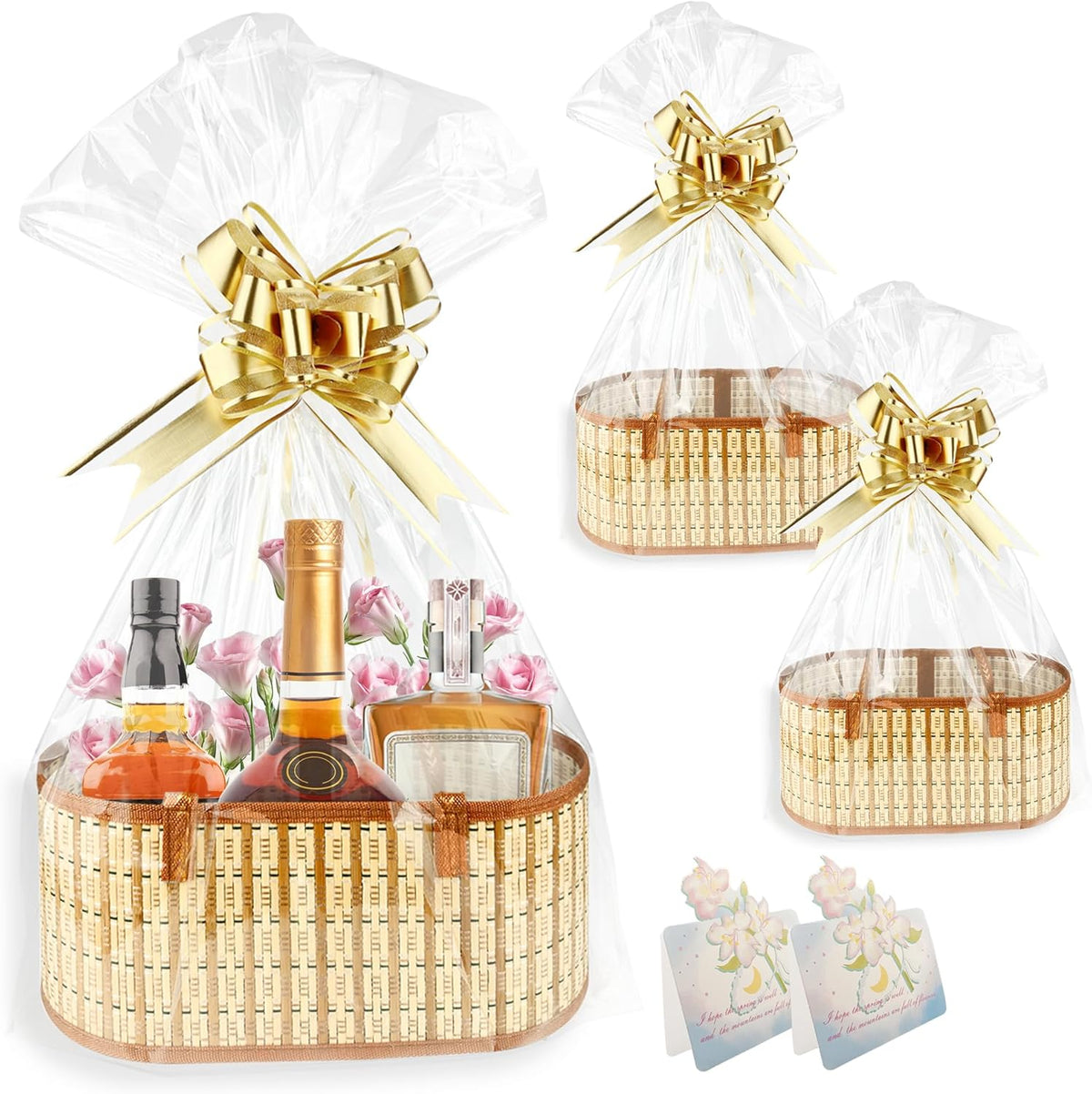 QTRQTR foldable bamboo empty gift baskets front view showcasing the woven texture and handles.