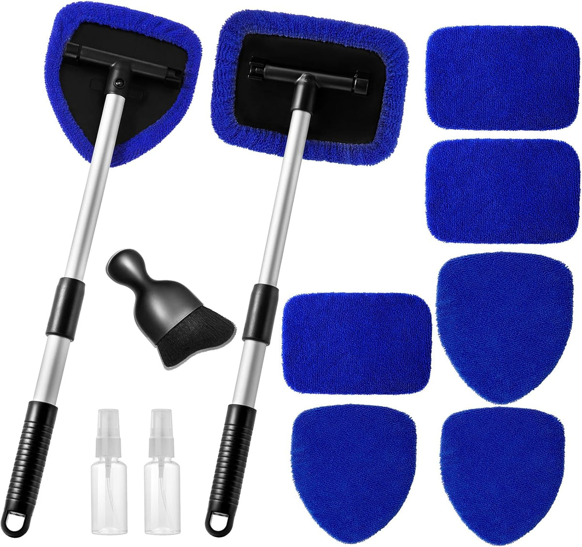 Qydipclin 11 piece windshield cleaner tool kit front view showing extendable handles and blue microfiber pads