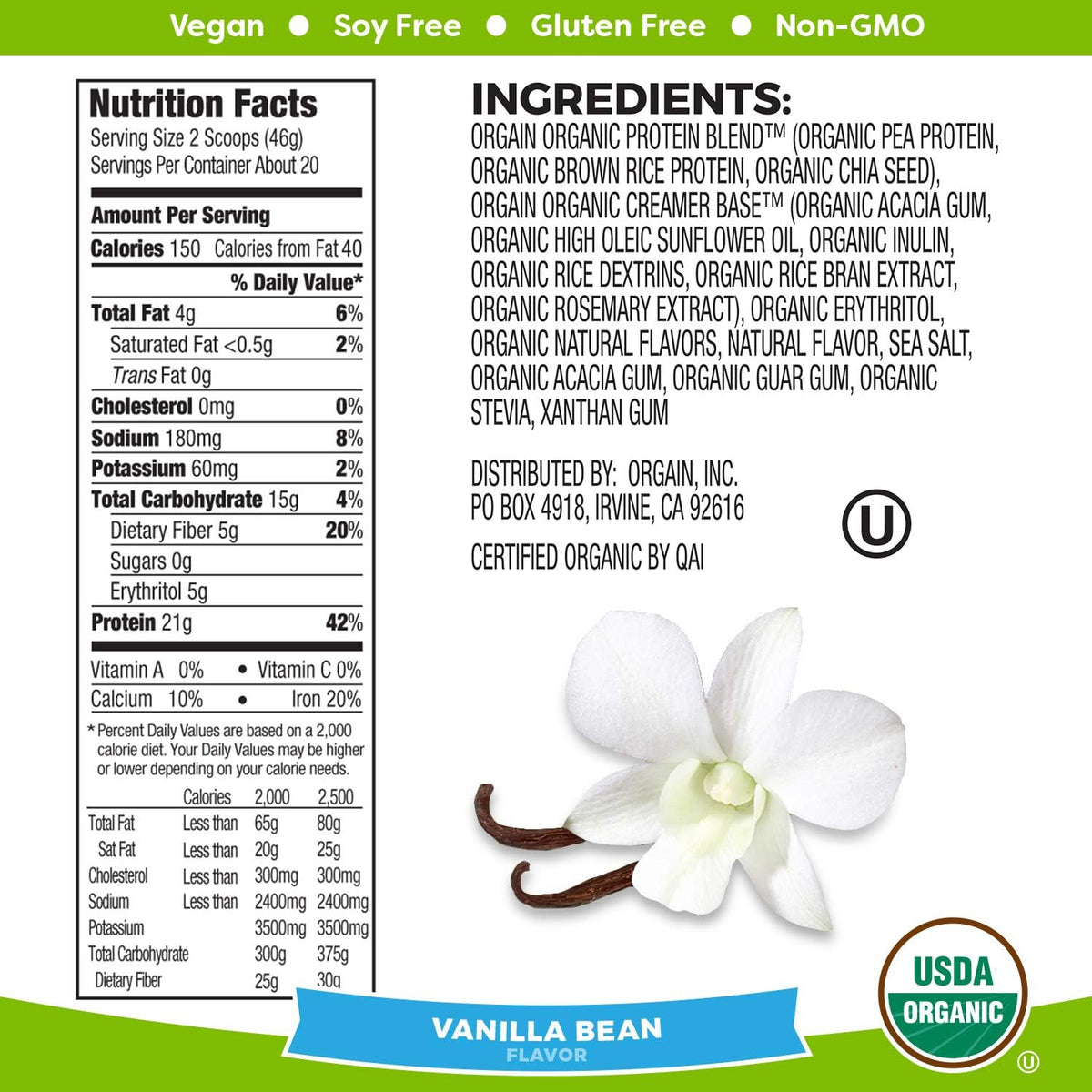 Orgain plant based vegan protein powder vanilla bean nutrition facts label