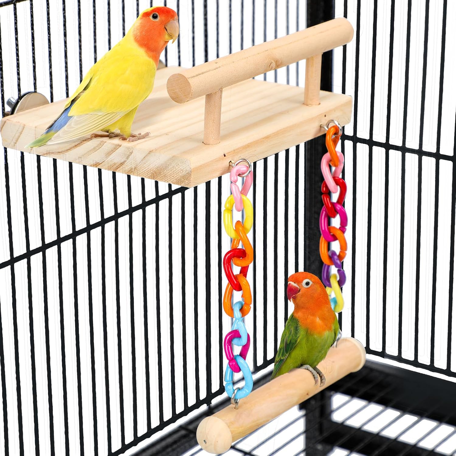 FrgKbTm bird perches wooden platform front view in cage