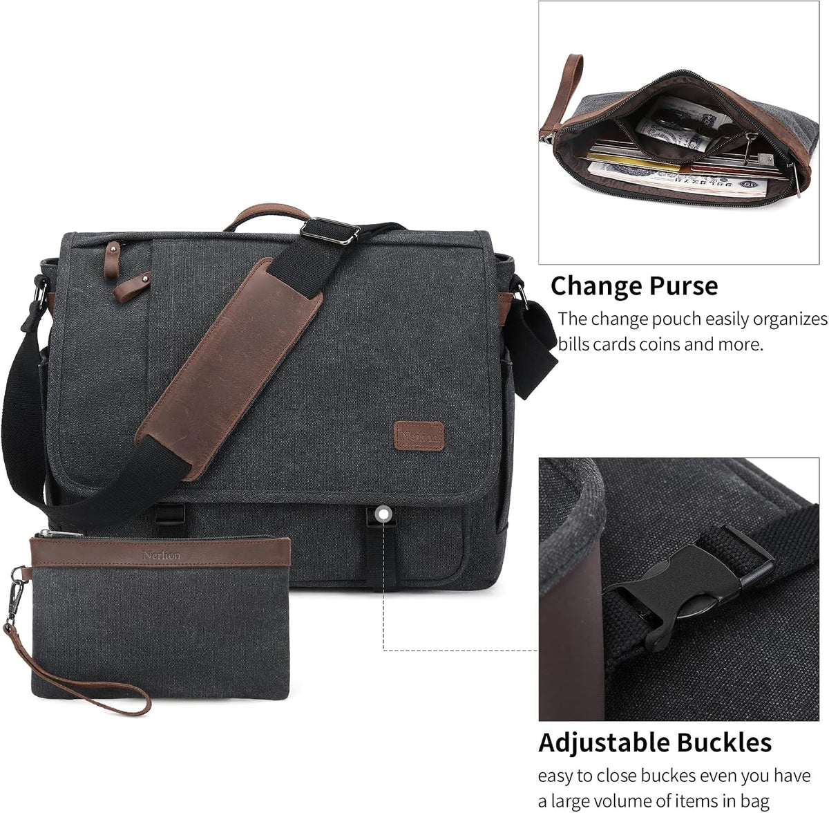 Nerlion canvas computer bag side angle showing adjustable shoulder strap
