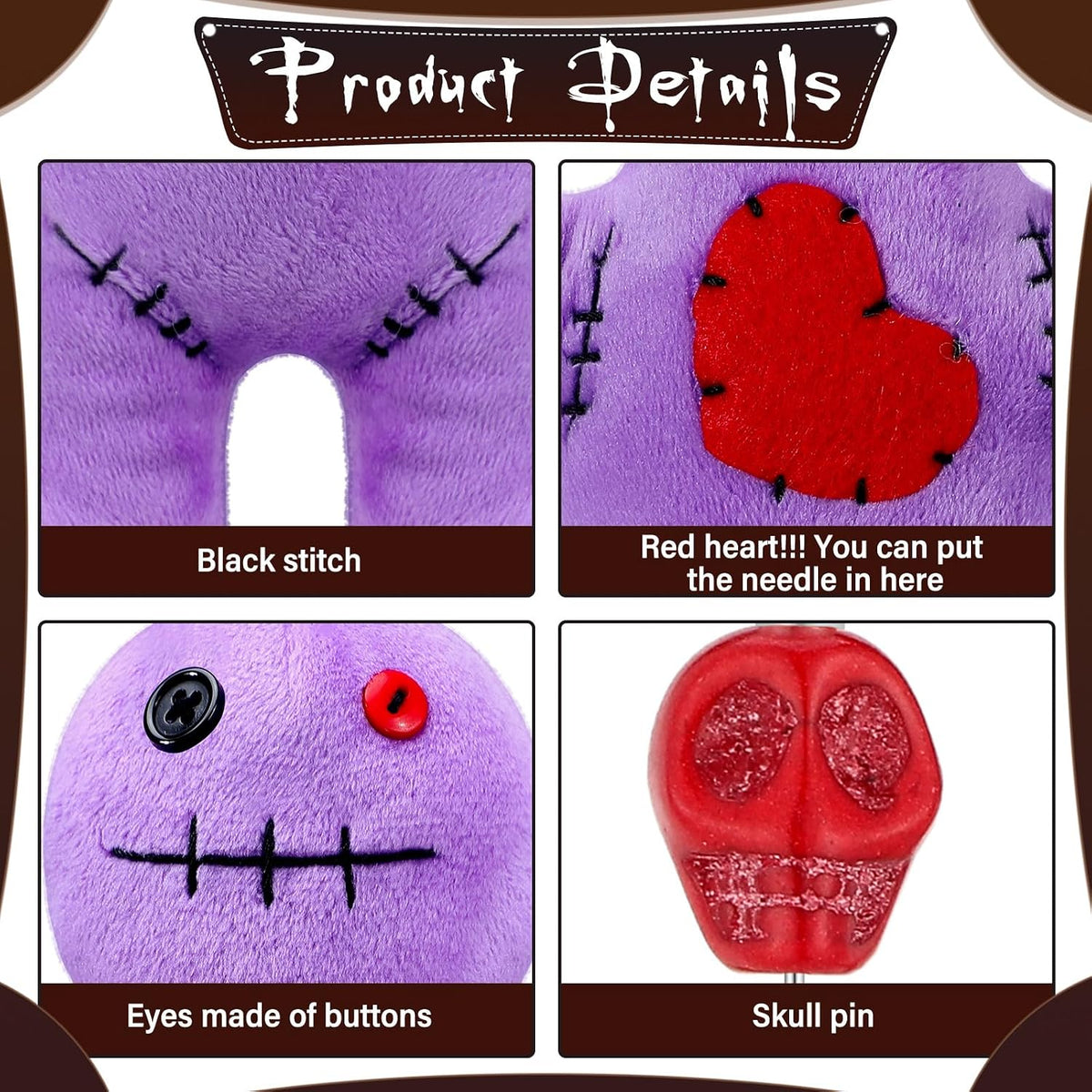 Kathfly 8 Pcs Voodoo Doll Set 7" Voodoo Horror Doll with 7 Pcs Skull Pins Creepy Ghost Dolls Revenge Stress Relieving Inspirational Positive Ornament Gift for Friend Coworkers Birthday Gifts(Purple) - Image 4