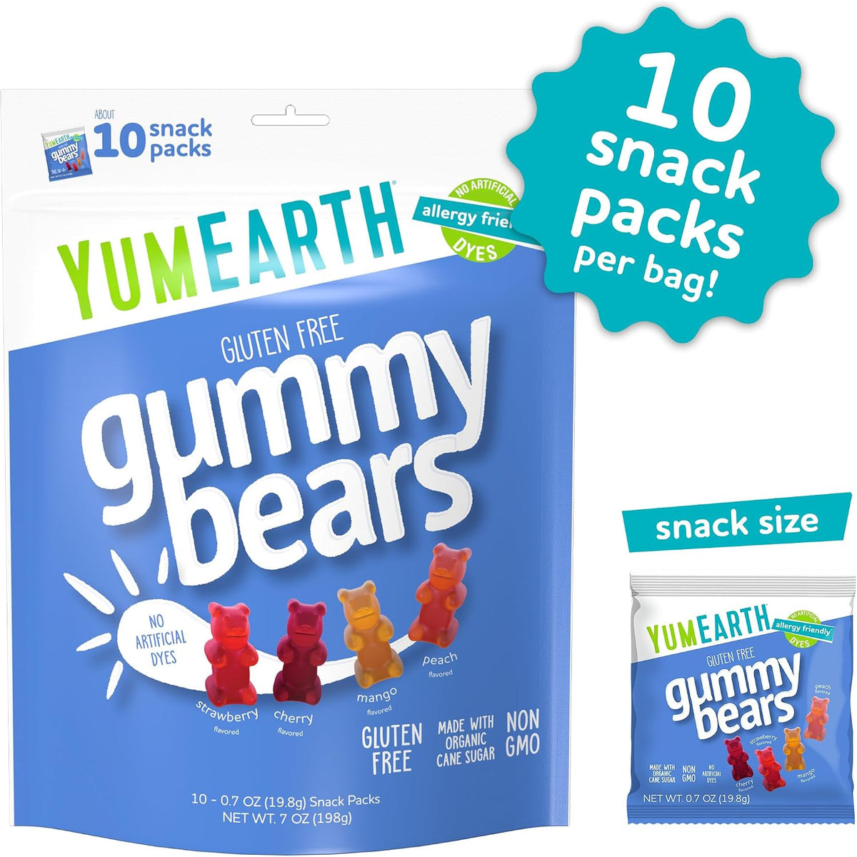 Back of YumEarth gummy candy packaging showing organic ingredients list and nutritional facts.