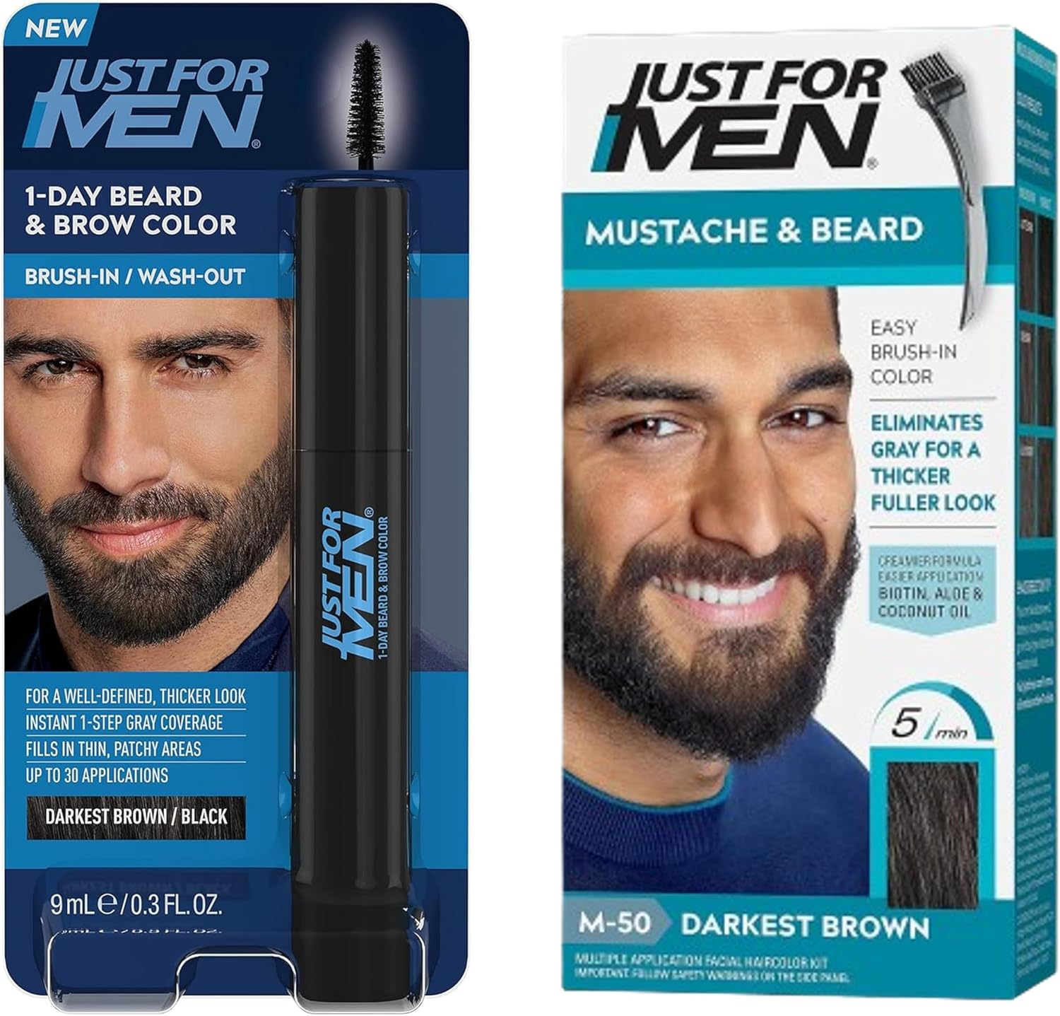 Just For Men Mustache and Beard color bundle front view showing both the permanent gel box and temporary brush tube