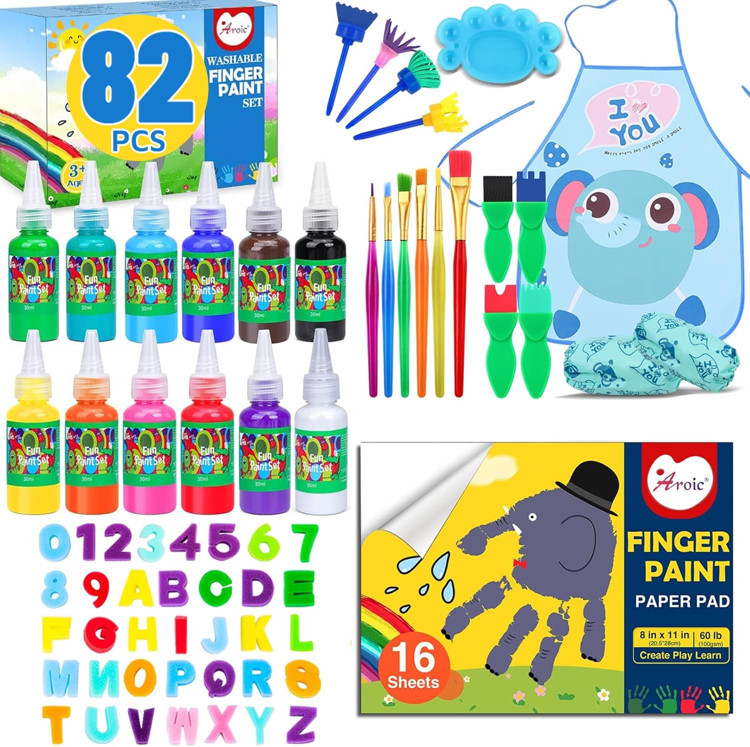AROIC Washable Finger Paint Set front view showcasing packaging and colorful bottles.