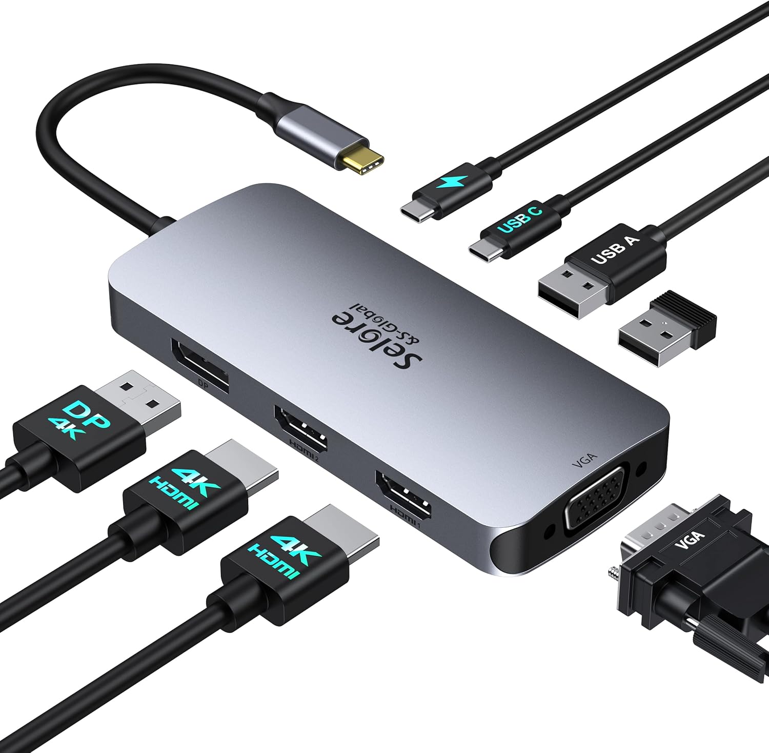 Selore And S-Global USB C Docking Station dual HDMI adapter front view highlighting multiple video output ports.