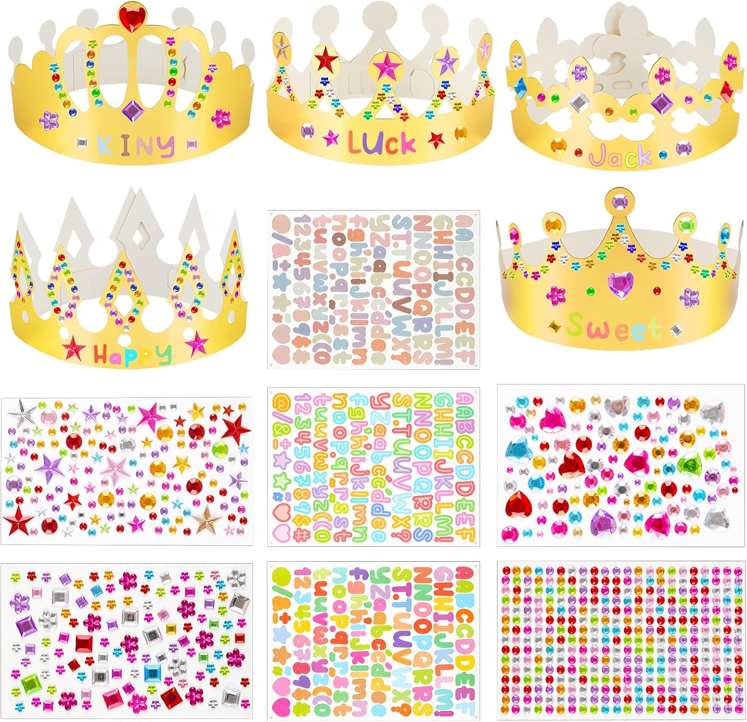 NIUBIER Gold Paper Crowns DIY kit showing the front view of five royal designs with colorful sticker sheets.