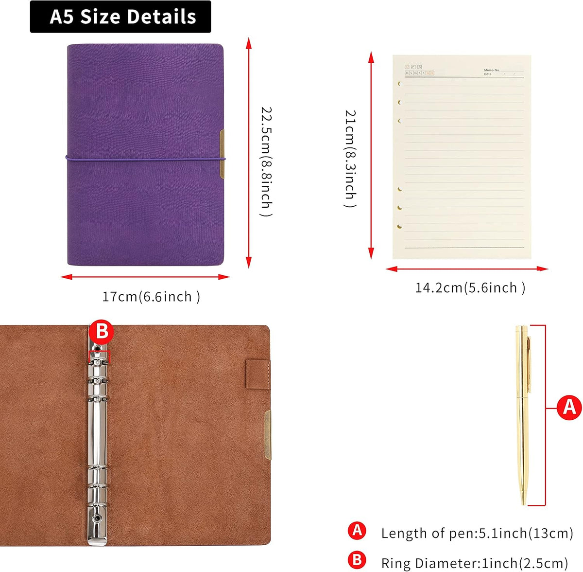 Wonderpool A5 Leather Journal Refillable Travelers Notebook Lined Paper Notebook with Pen, Writing Diary for Travel Office and Agenda Plan (A5, Black) - Image 5