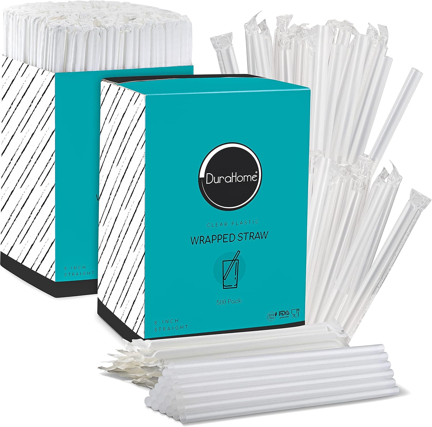 DuraHome Clear Plastic Straws Individually Wrapped 1000 Pack front view box