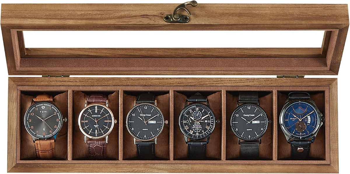SONGMICS 10-Slot Watch Box, Watch Display Case with Large Glass Lid, Removable Pillows, Velvet Lining, Gift Idea, Rustic Walnut UJOW100K01 - Image 10