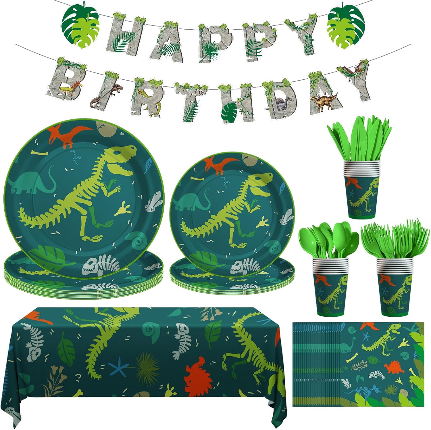 Cecnamt dinosaur birthday decorations full set display with plates and banner