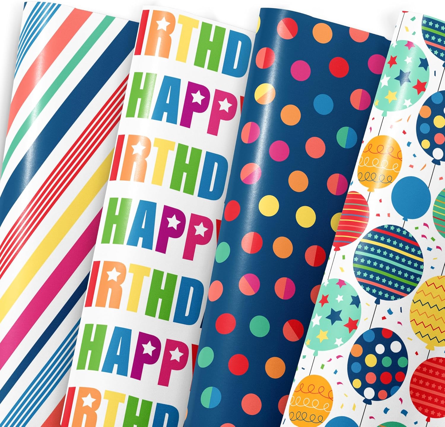 MotiGiftie birthday gift wrapping paper front view showcasing colorful birthday designs on high quality sheets.