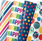 MotiGiftie birthday gift wrapping paper front view showcasing colorful birthday designs on high quality sheets.