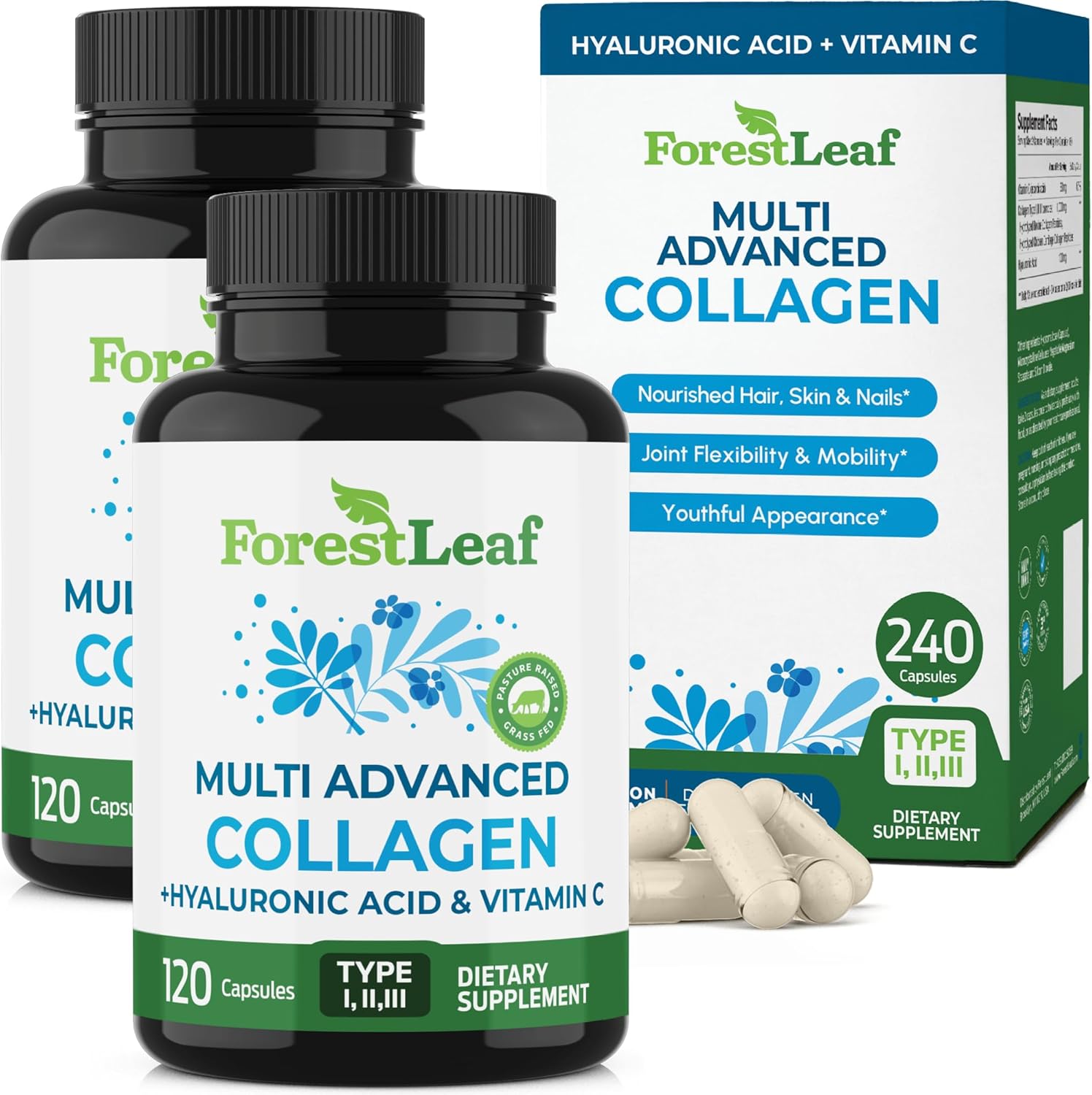 ForestLeaf Multi Collagen Pills with Hyaluronic Acid + Vitamin C | Hydrolyzed Collagen Supplements for Women or Men | Multi Collagen Capsules Peptides for Skin, Wrinkles, 240 - Image 1