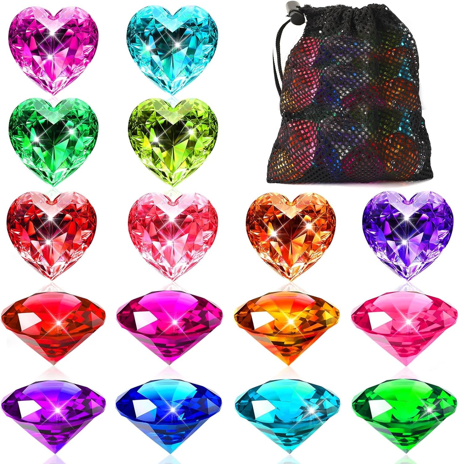 MARFOREVER 16 Pieces Large Pool Toys Diving Gems spread out next to a mesh storage bag