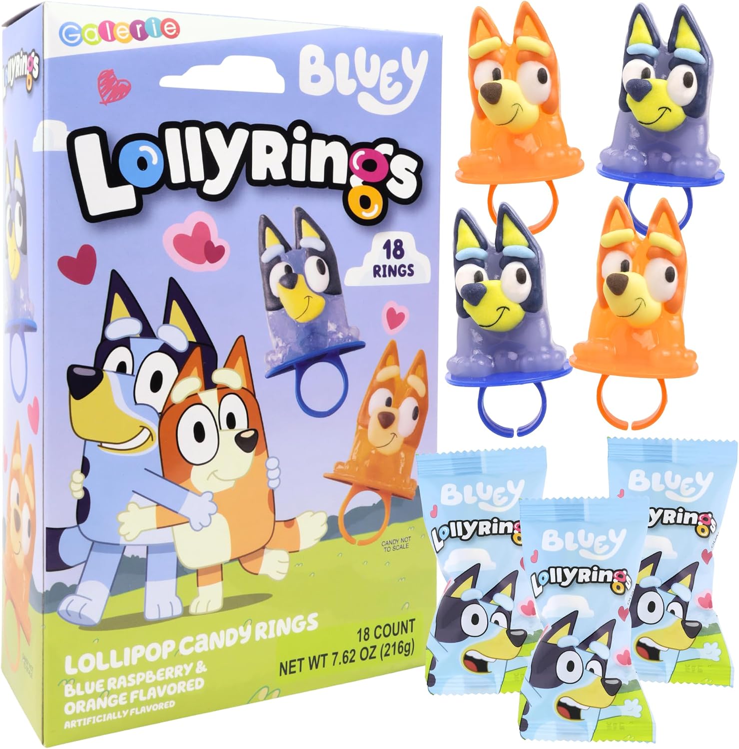 Galerie Bluey Lollipop Rings box front view containing eighteen party favors.
