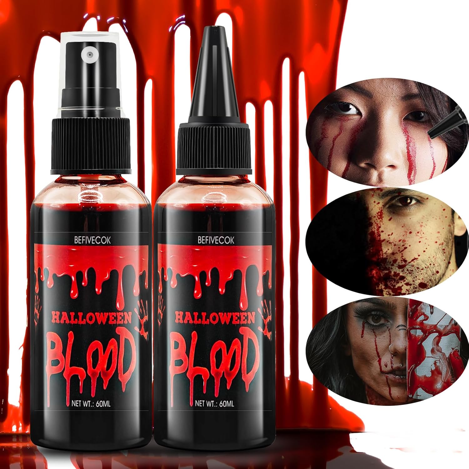 Partysanthe Halloween fake blood makeup kit front view showing two bottles for horror cosplay