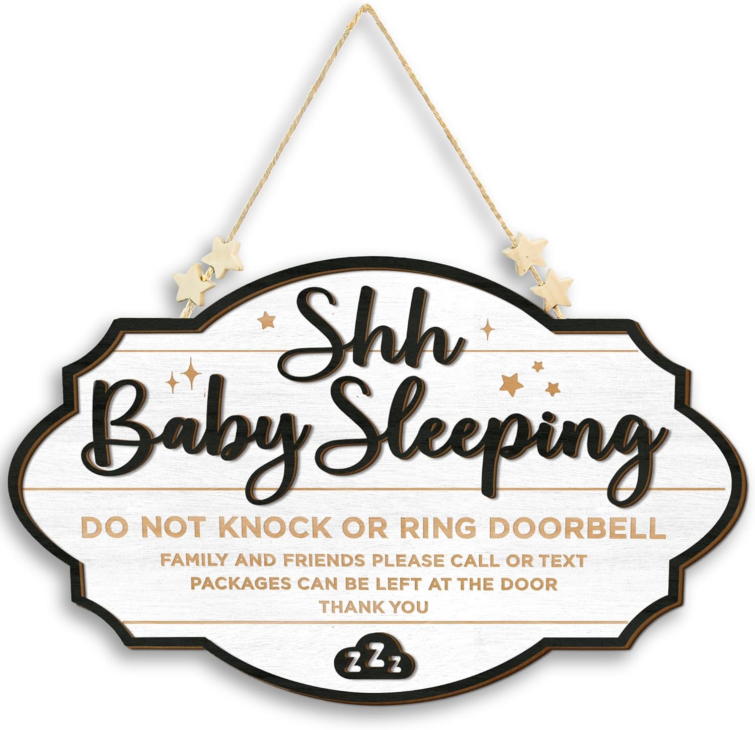 Woodamore Shhh Baby Sleeping Sign front view on a modern main door.