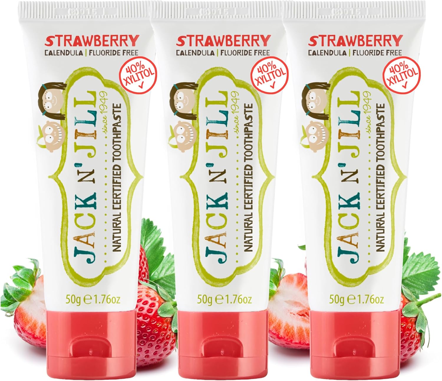 Jack N' Jill Natural Toddler Toothpaste - Fluoride Free Training Toothpaste for Toddlers 1-3, 40% Xylitol, BPA Free - Strawberry, 1.76 oz (Pack of 3) - Image 1
