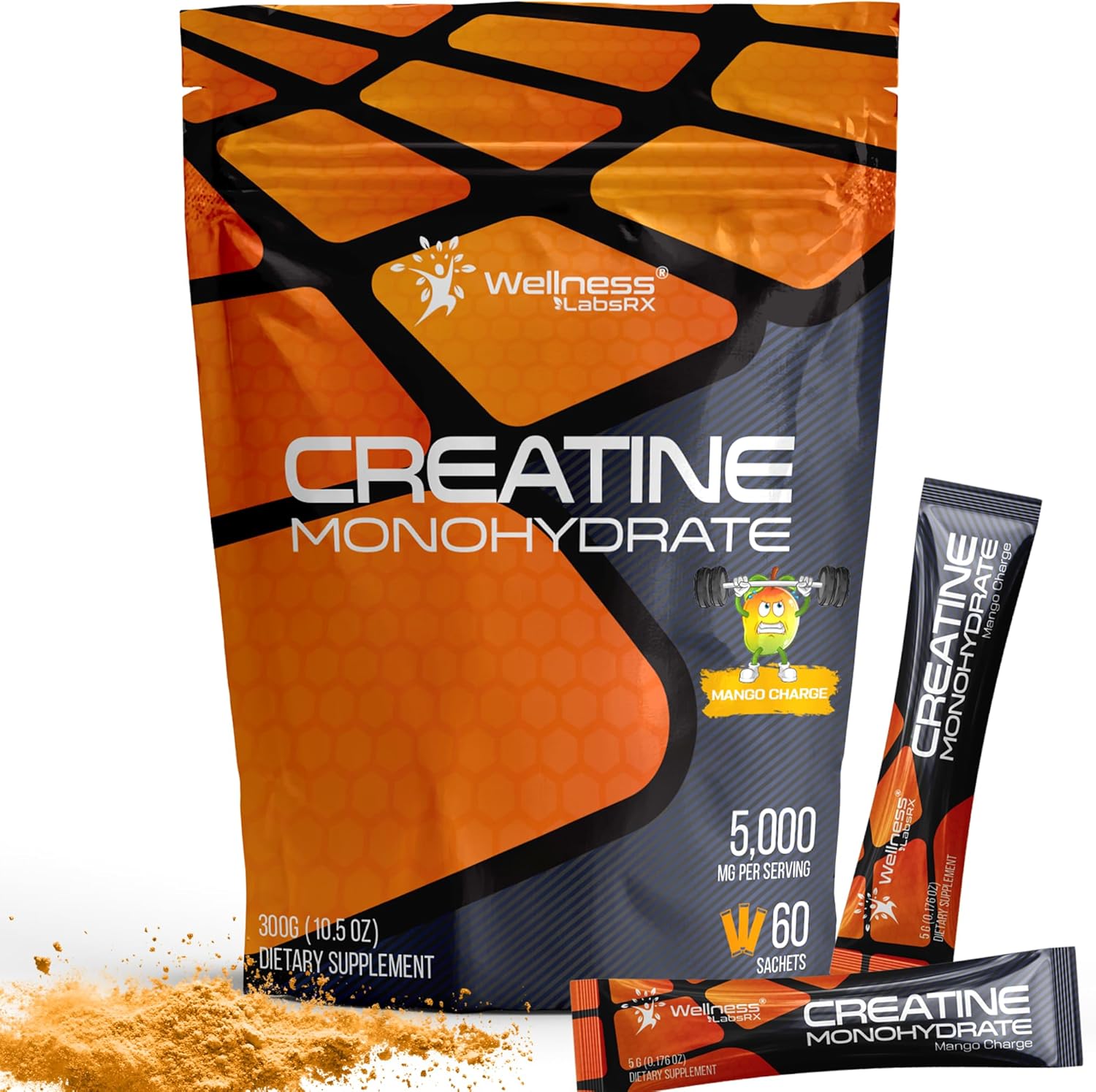 WELLNESS LABSRX Creatine Monohydrate Powder Sachets 300g - Mango Flavor Micronized Creatine Powder Supplement, Creatine for Women and Men, Supports Muscle Strength, Energy, Performance - 60 Servings - Image 1