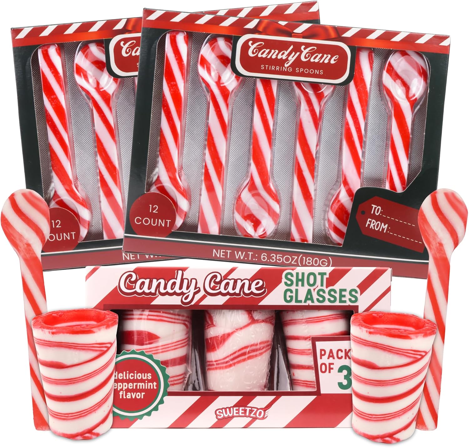 Sweetzo Christmas Edible Candy Cane Spoons and Shot Glasses front view packaging