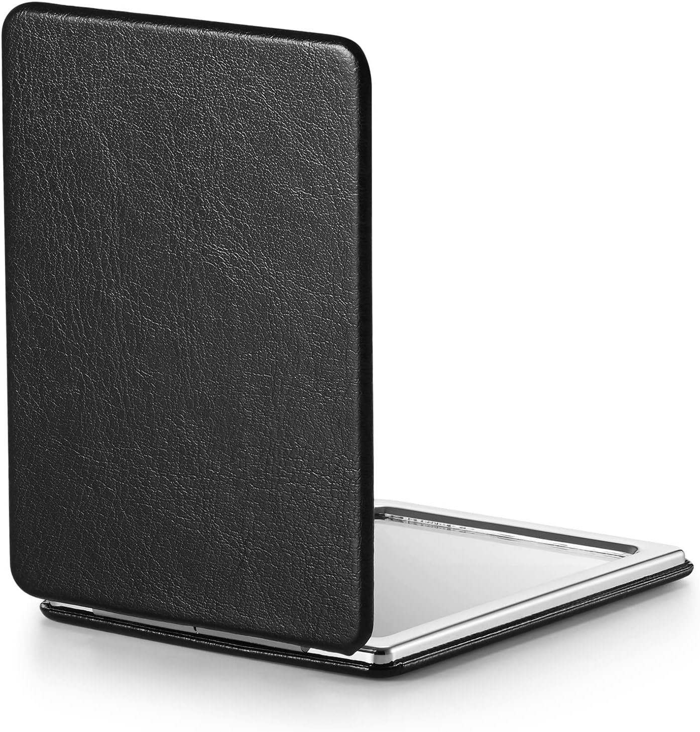 OMIRO compact mirror front view showing classic black PU leather textured cover.