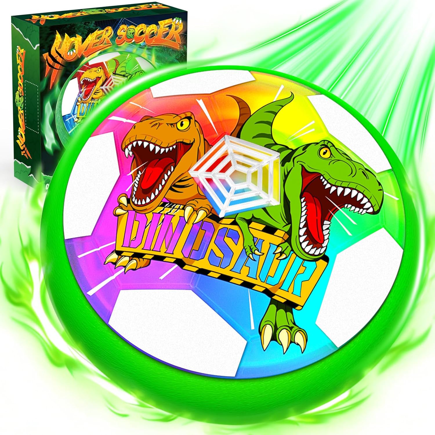 Hanroni dinosaur hover soccer ball front view showing glowing LED lights