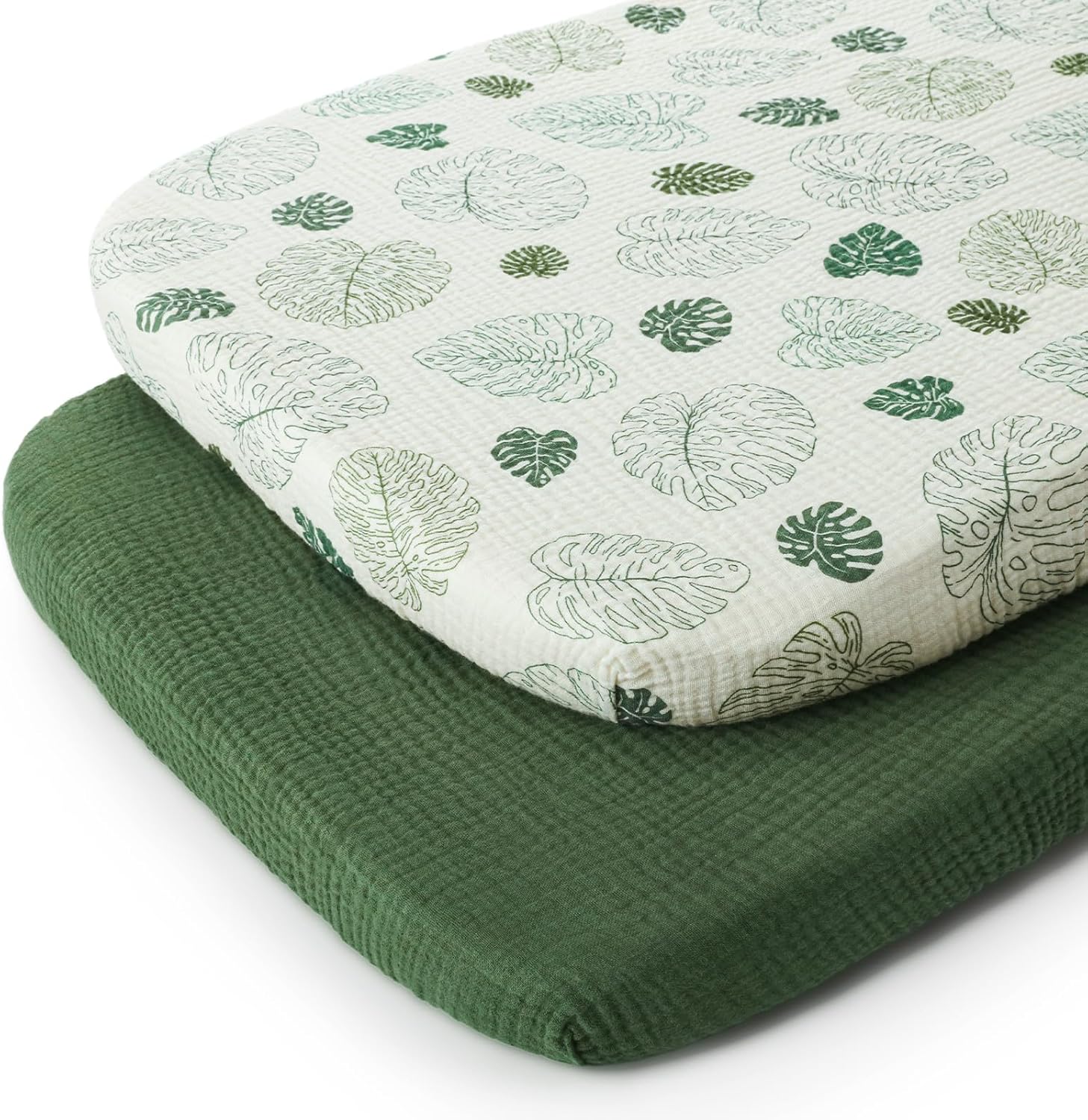 Blissful Diary muslin bassinet sheets front view with monstera pattern