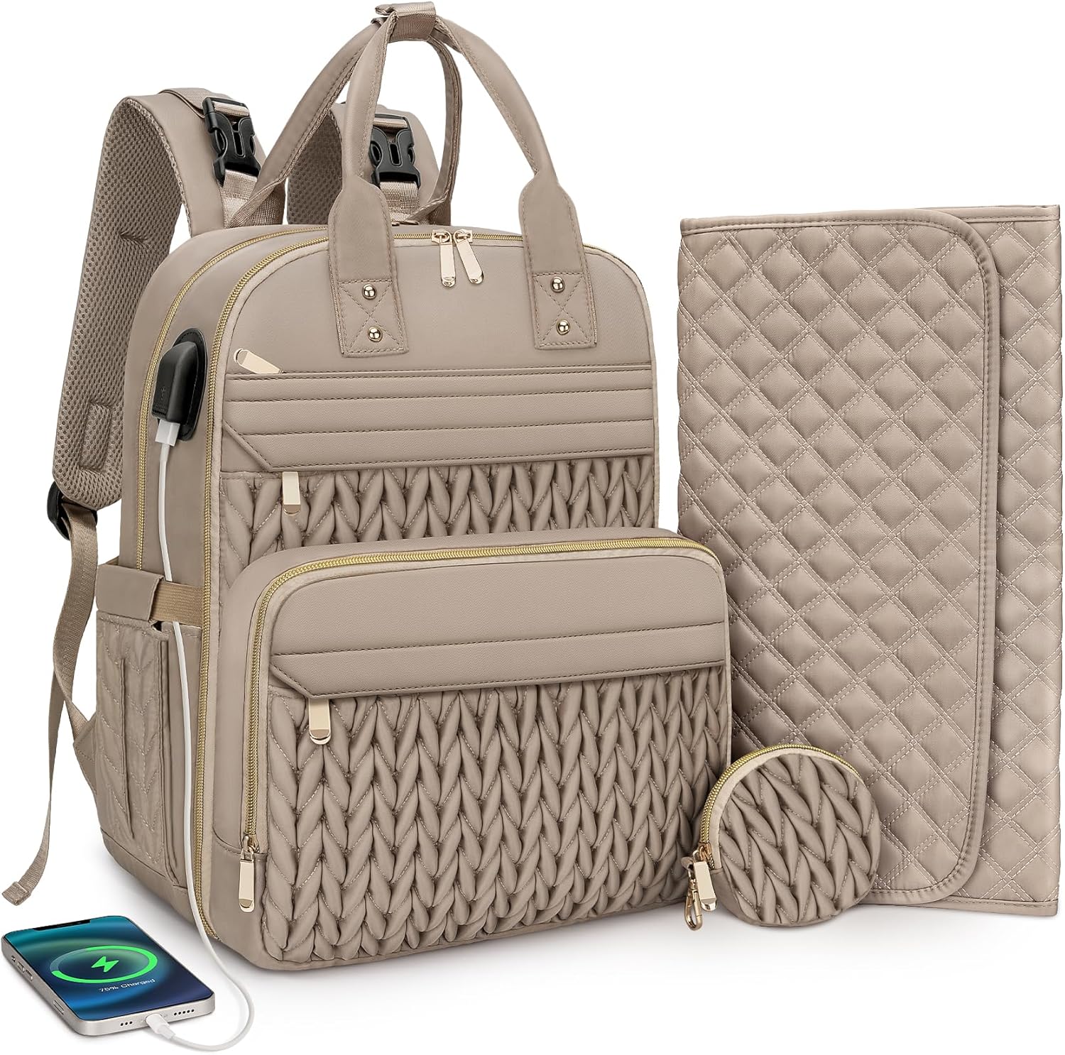 CandyHome diaper bag backpack front view in khaki color showing quilted design