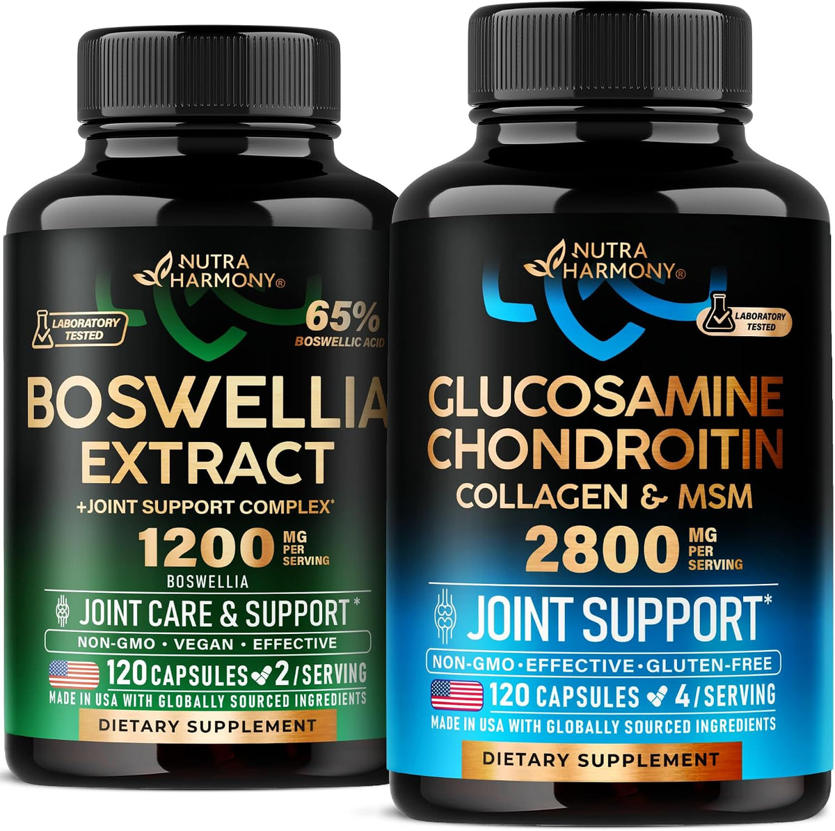 NutraHarmony Glucosamine Chondroitin and Boswellia Extract Capsules front view bottle