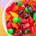 Close up of colorful imported American Jujyfruits gummy candies in various classic fruit shapes