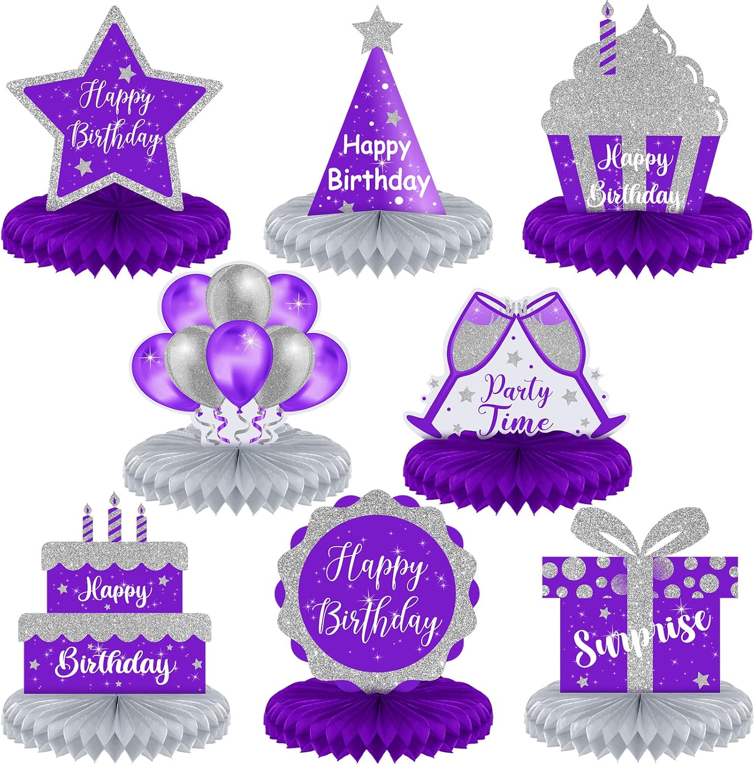 Yexiya 8 piece purple and silver birthday honeycomb centerpiece set front view