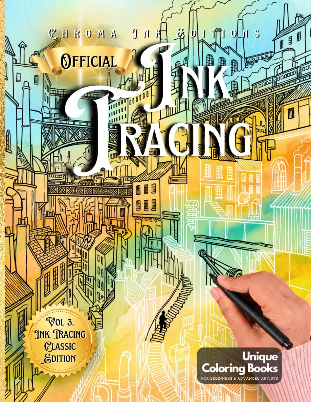 Inkalia Ink Tracing Classic Vol. 3 - Hidden Cities: The Time Travel Explorer: A Reverse Coloring Book for All Ages. Follow the White Lines with One ... Worlds Across Time (Ink Tracing Beyond Lines) - Image 1