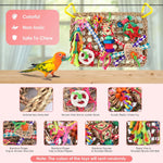 KATUMO bird climbing mat featuring colorful wooden blocks and loofah chew toys.
