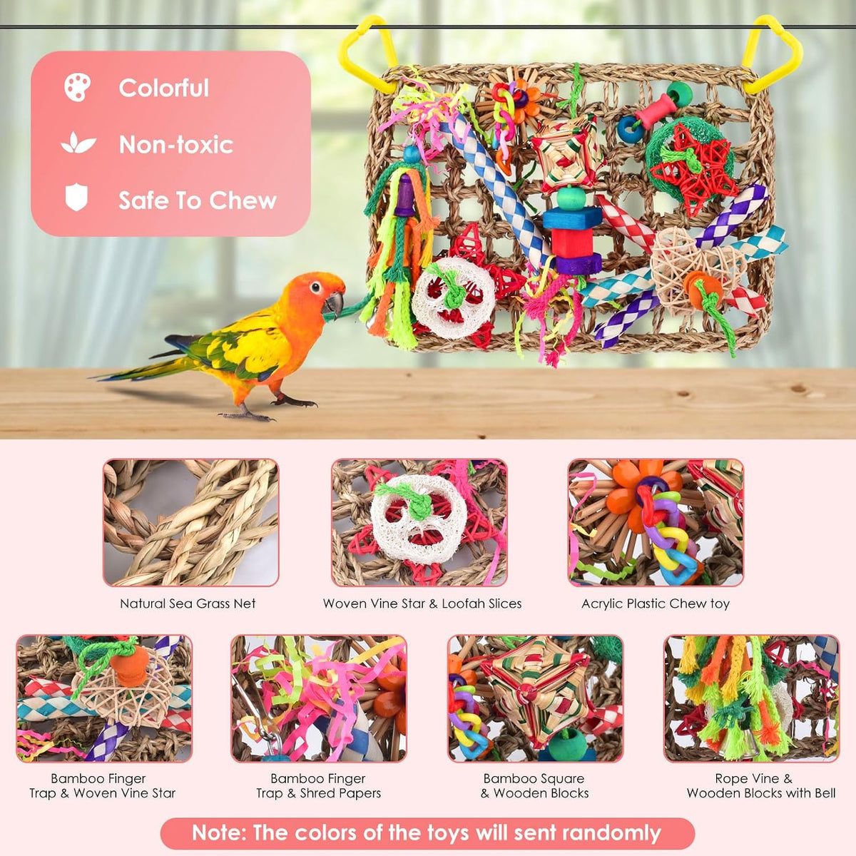 KATUMO bird climbing mat featuring colorful wooden blocks and loofah chew toys.