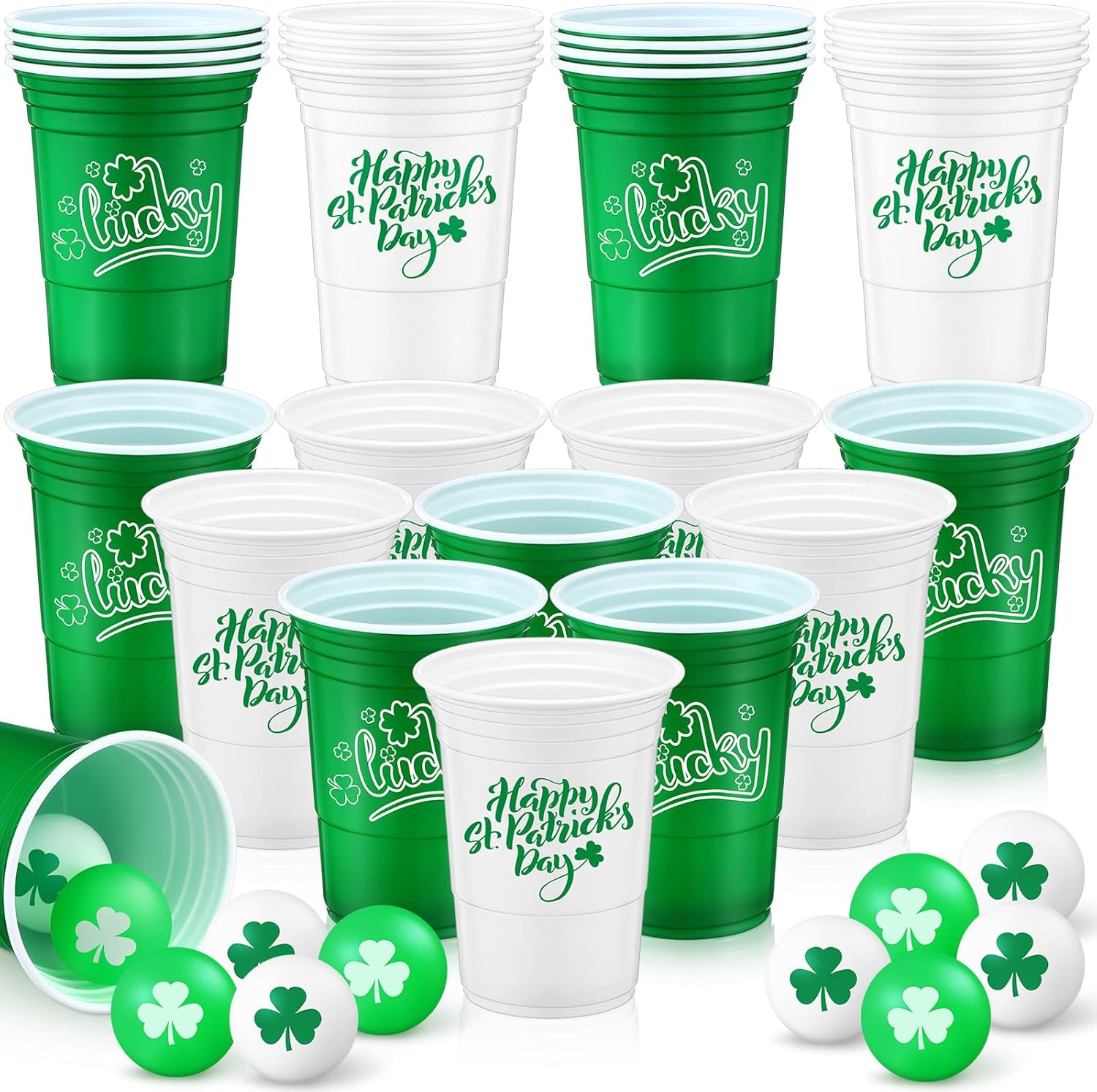 Pickmesh St. Patrick's Day Party Game Set front view with cups and balls