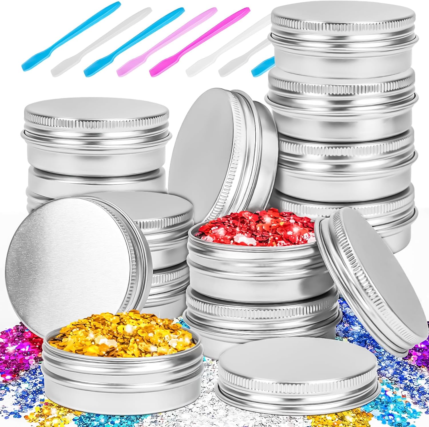 MotBach 16 pack 2 ounce aluminum tin jars front view