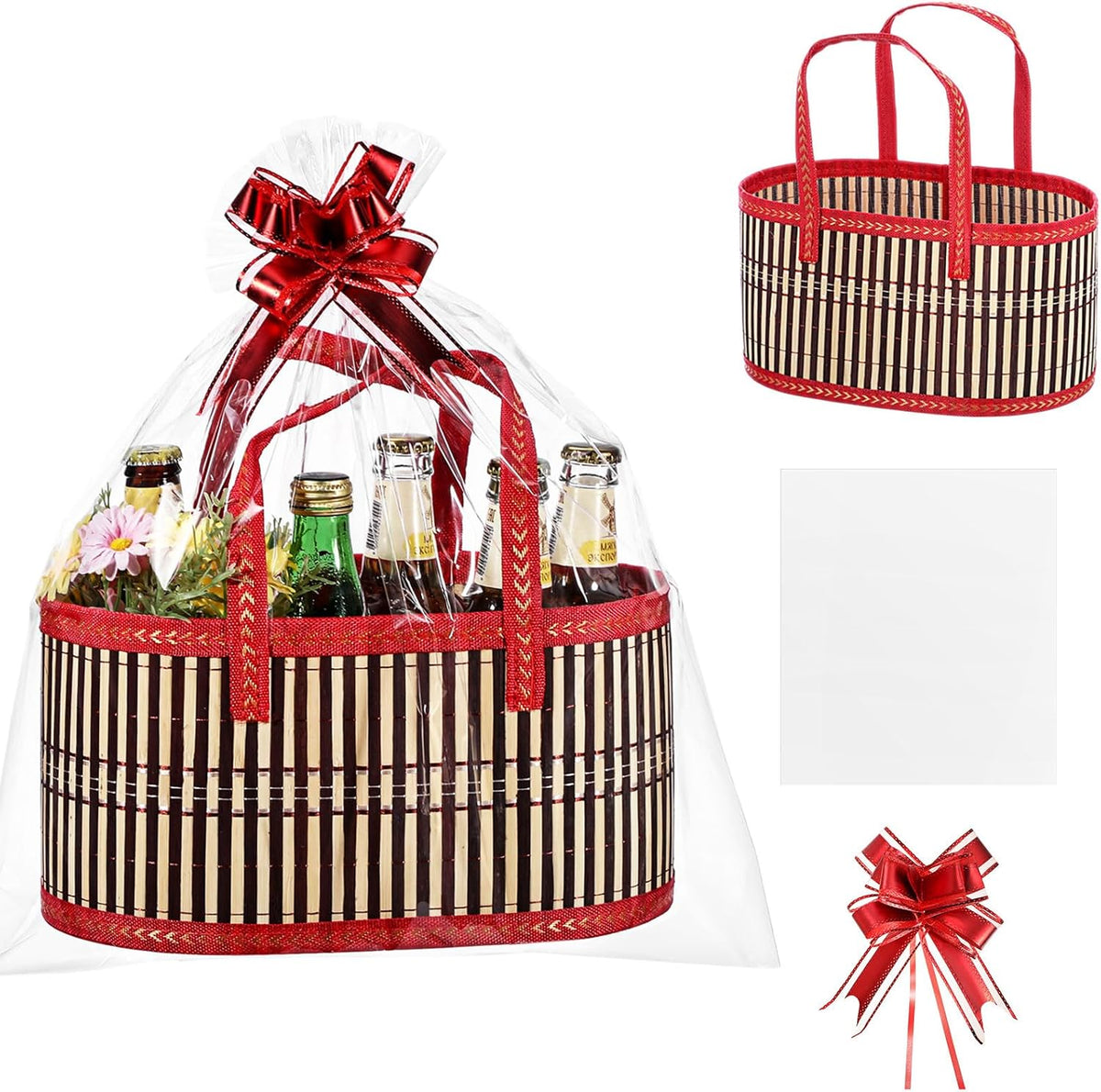 Reallnaive bamboo empty gift basket front view showing woven oval body and red handles