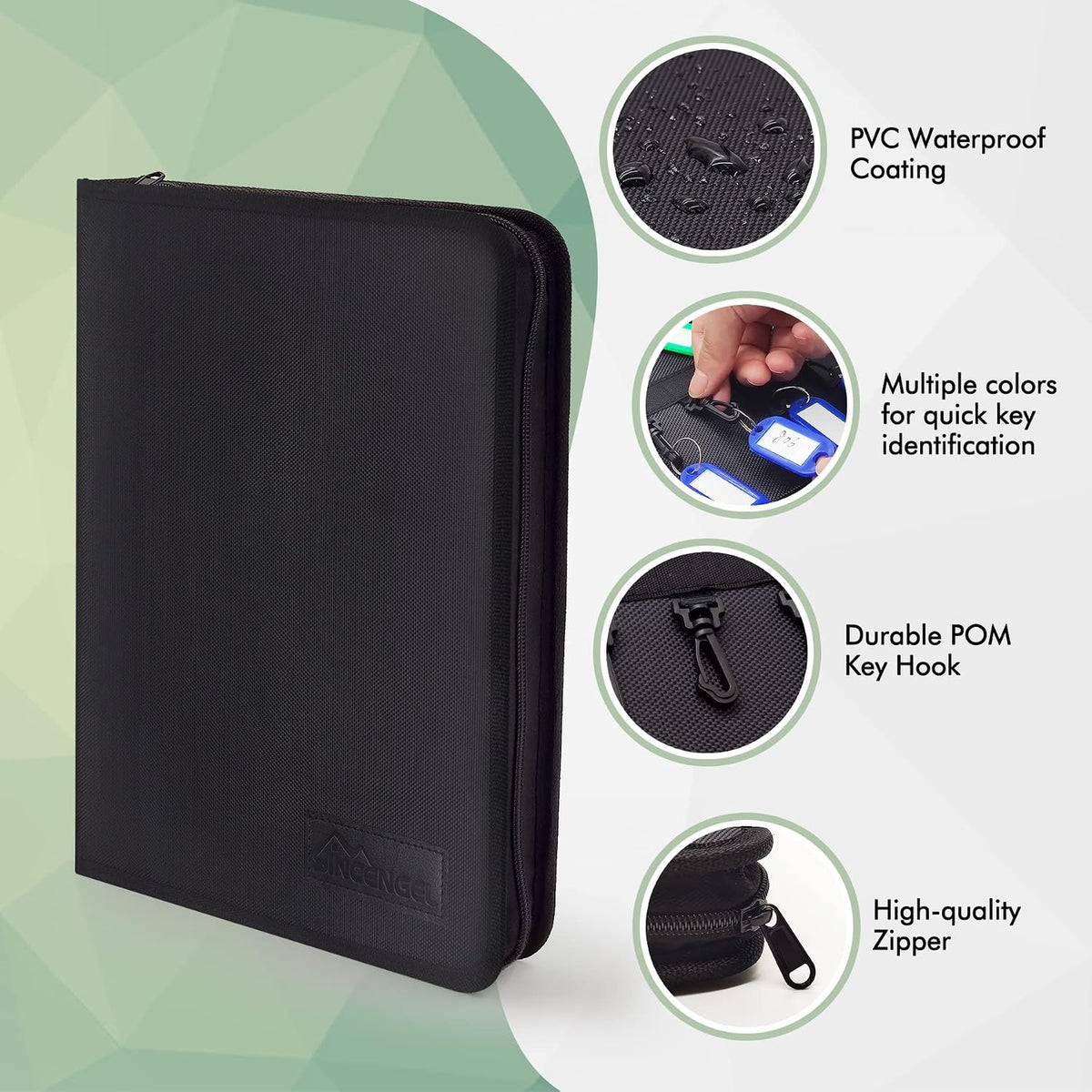 Color-coded snap-in plastic key tags included with the binder