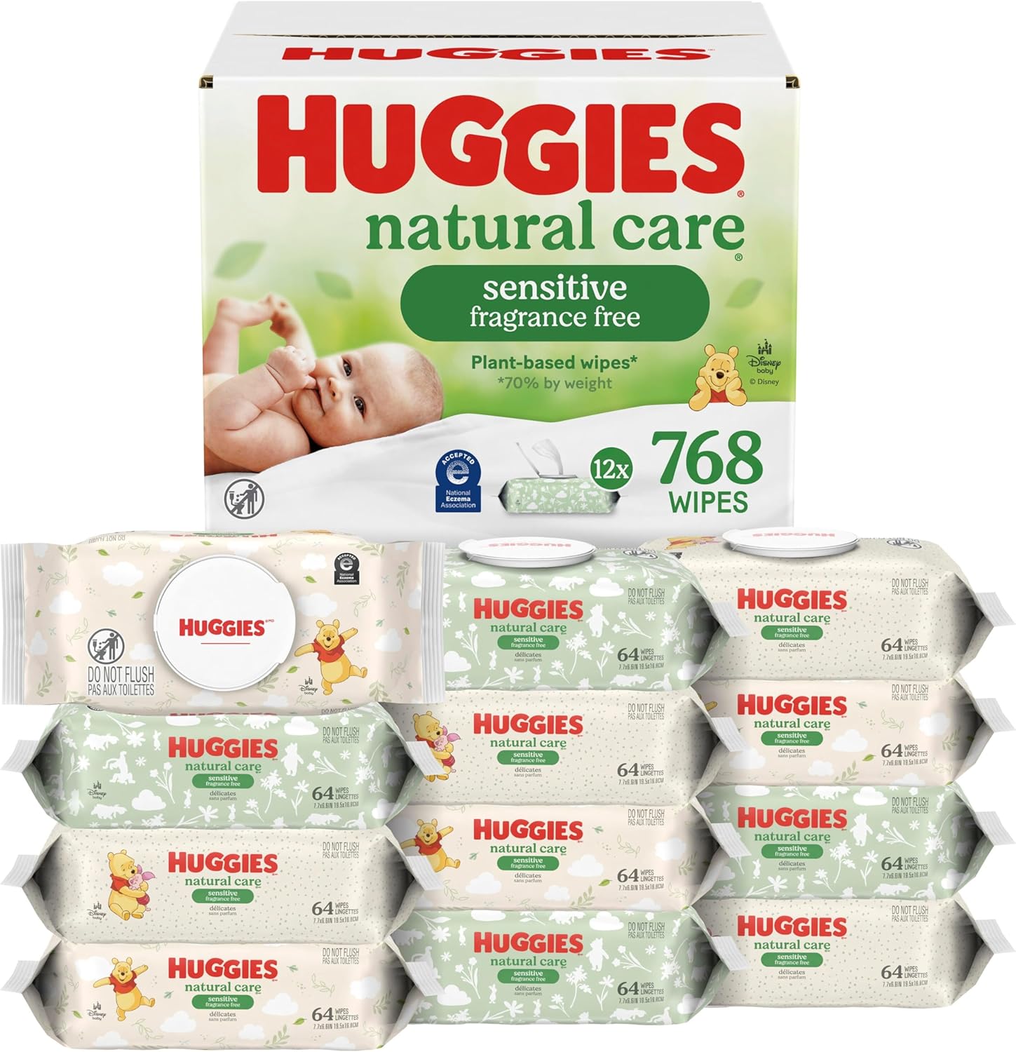 Huggies Natural Care Sensitive Baby Wipes, Unscented, Hypoallergenic, 99% Purified Water, 12 Flip-Top Packs (768 Wipes Total), Packaging May Vary - Image 1
