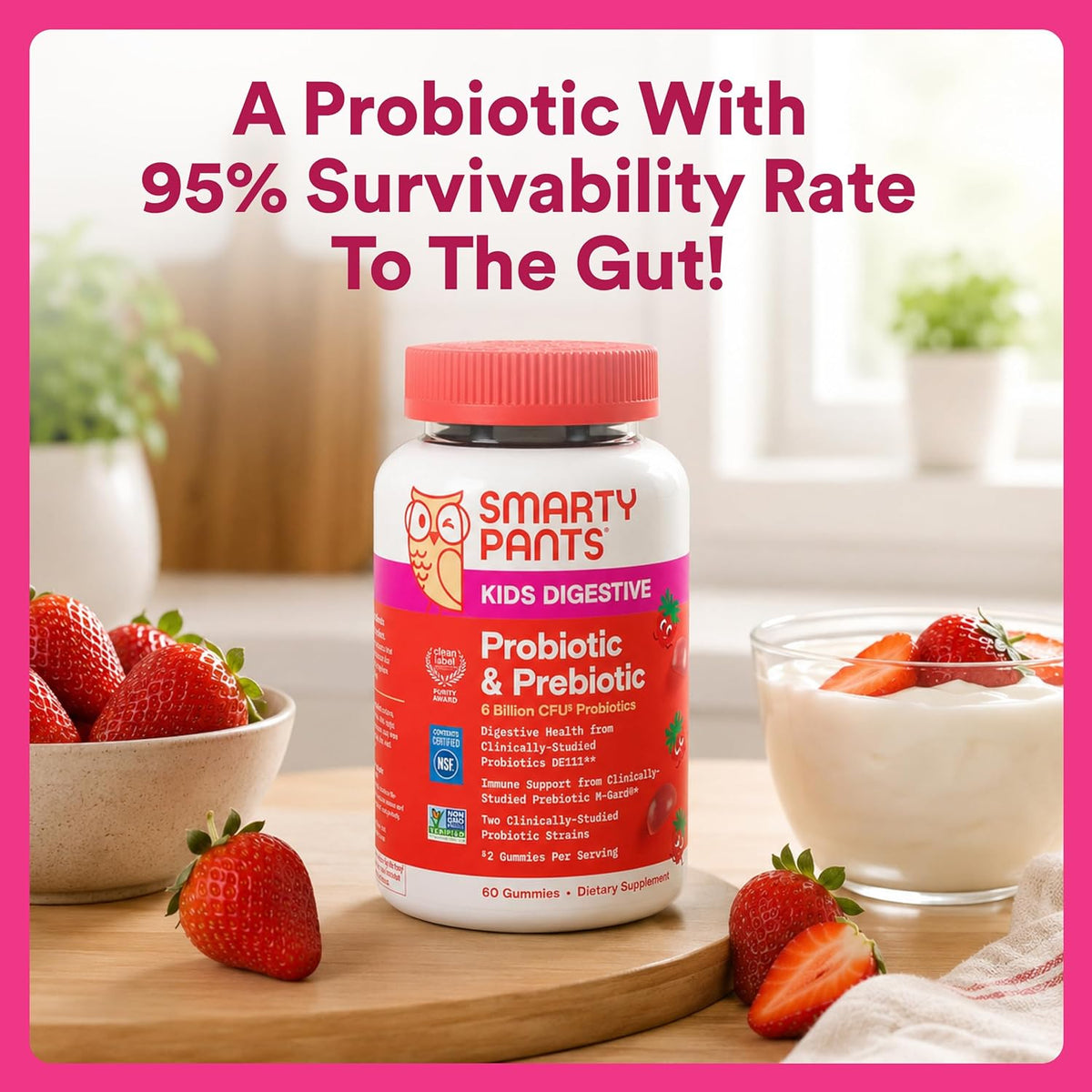 SmartyPants kids supplement texture and strawberry flavor showcase