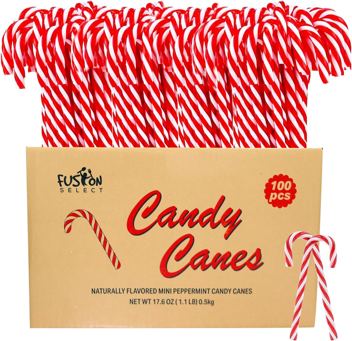 Fusion Select Mini Candy Canes 100 count box front view showing red and white striped holiday treats.