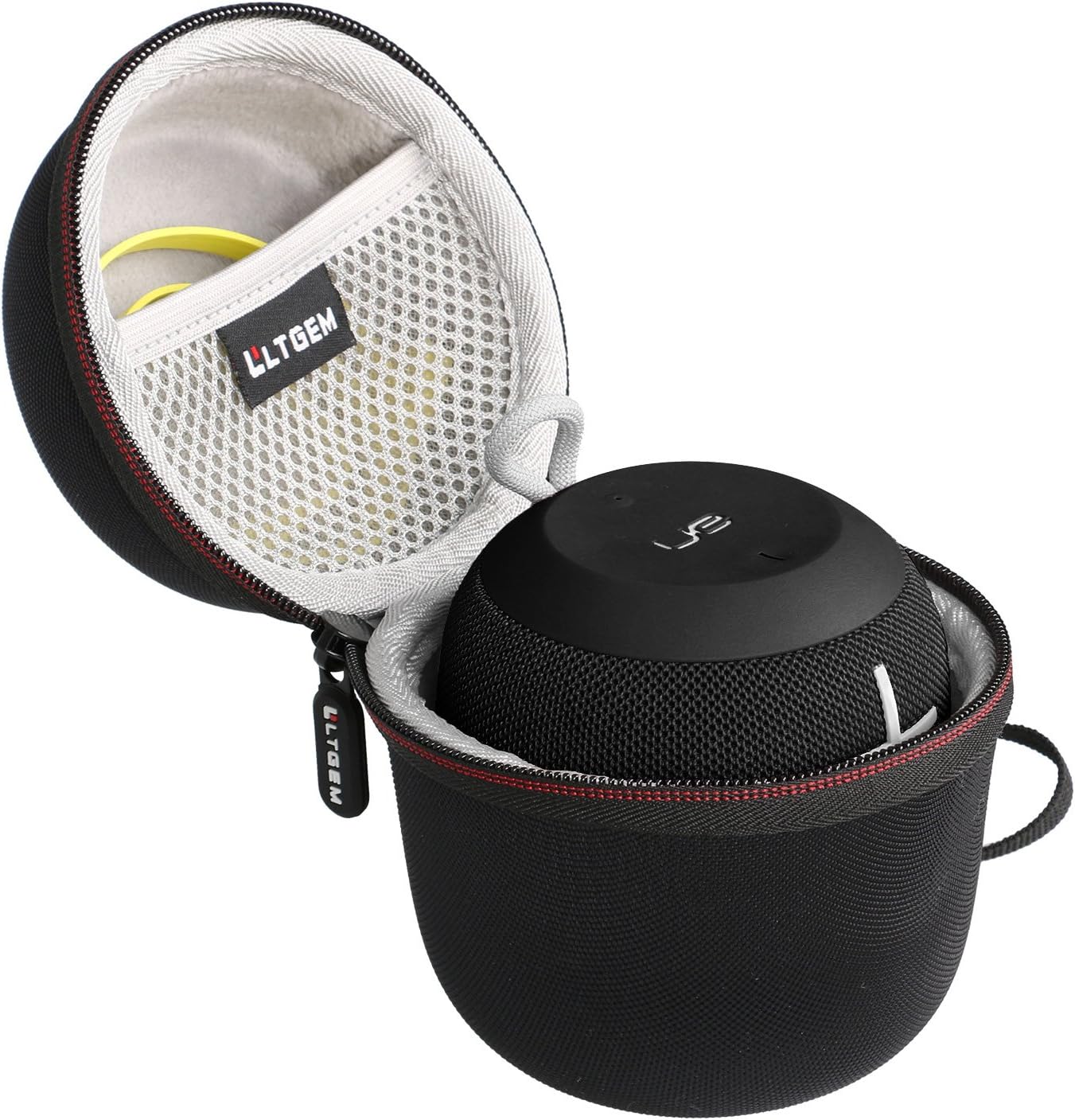 L LTGEM EVA Hard Case front view showcasing black shockproof exterior with red zipper detail for Ultimate Ears speaker protection
