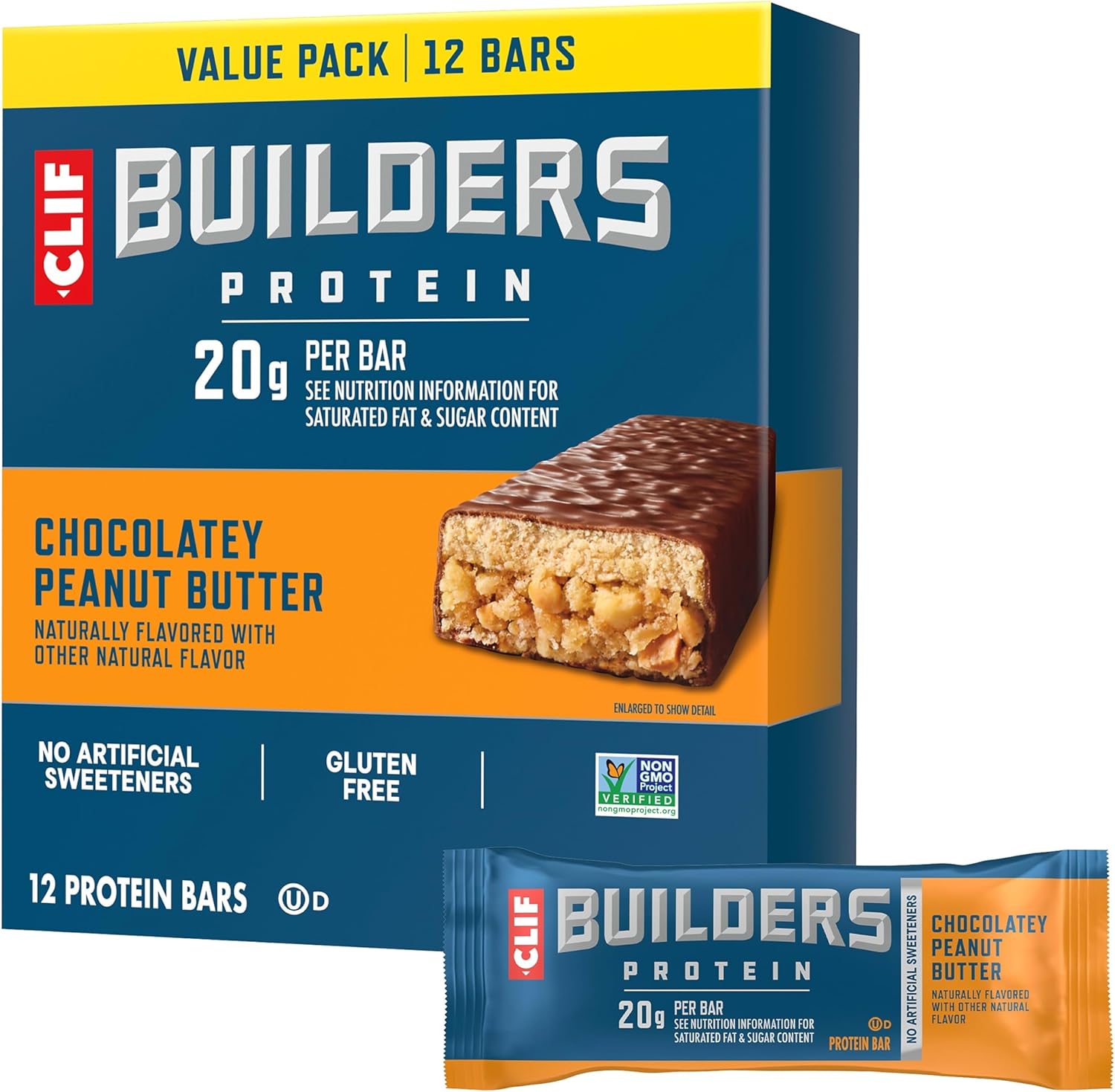 CLIF BUILDERS Protein Bars - Chocolate Peanut Butter Flavor - 20g Plant Based Protein - Gluten Free - Non-GMO - Low Glycemic - No Artificial Sweeteners - Value Pack, 2.4 oz. (12 Count) - Image 1