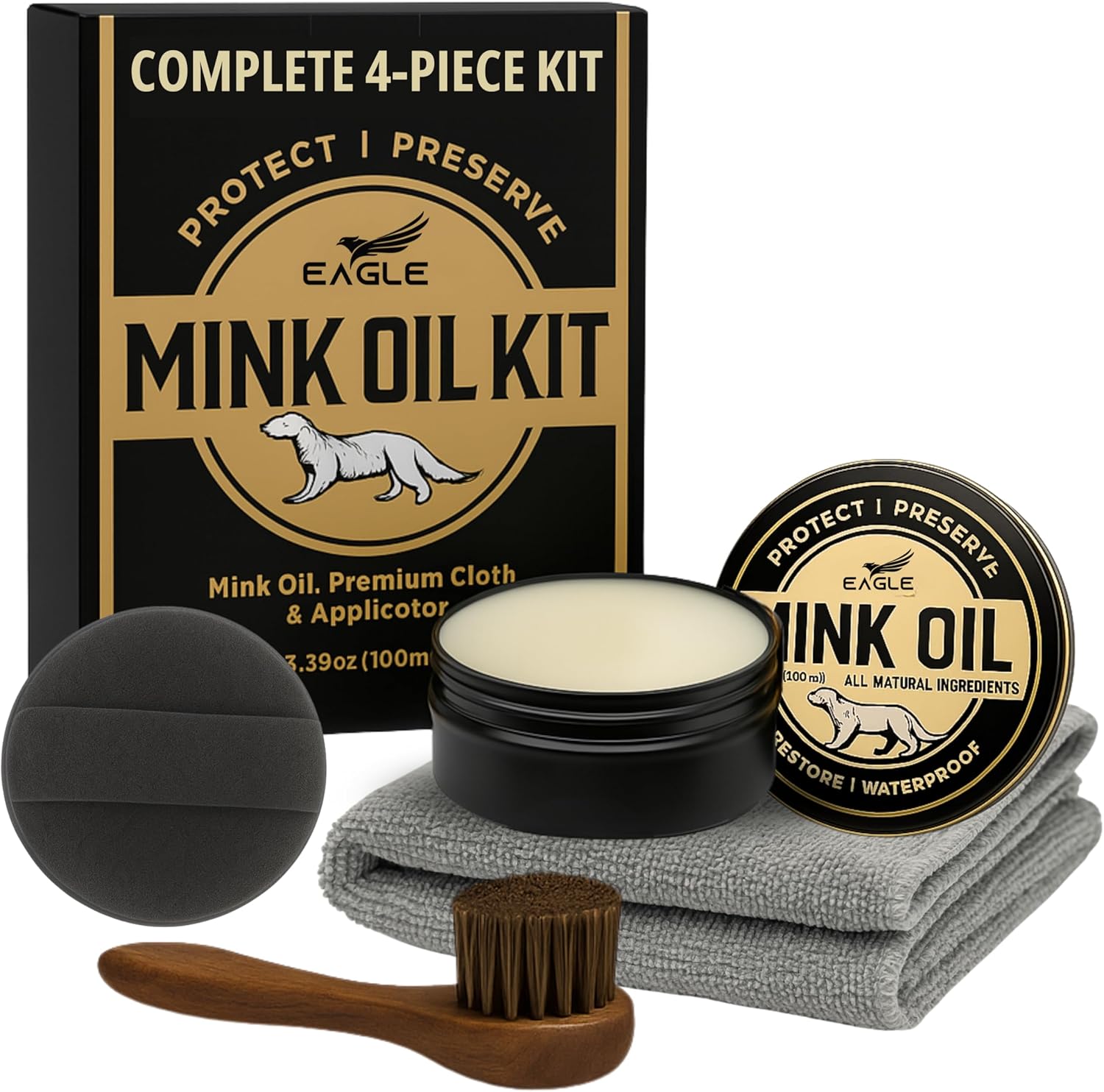 Eagle 4-in-1 Mink Oil Leather Conditioner Kit front view showing the product jar and premium packaging.
