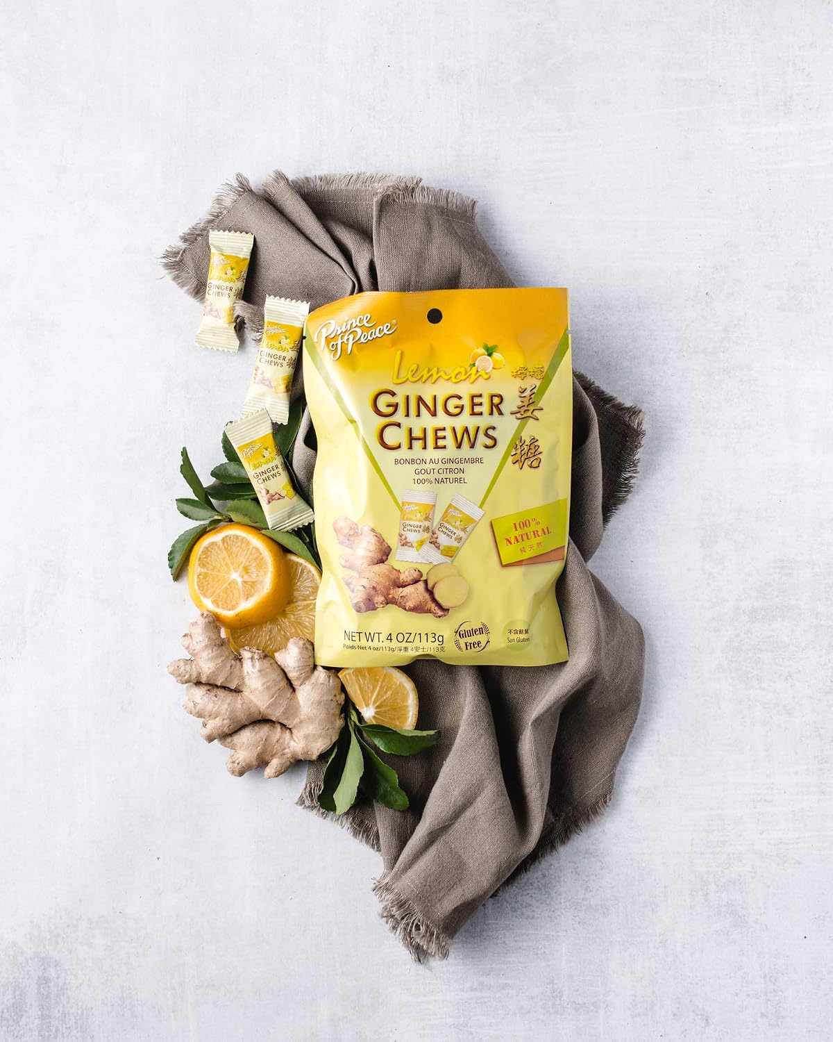 Back label of Prince of Peace ginger chews showing nutrition facts and clean ingredients list