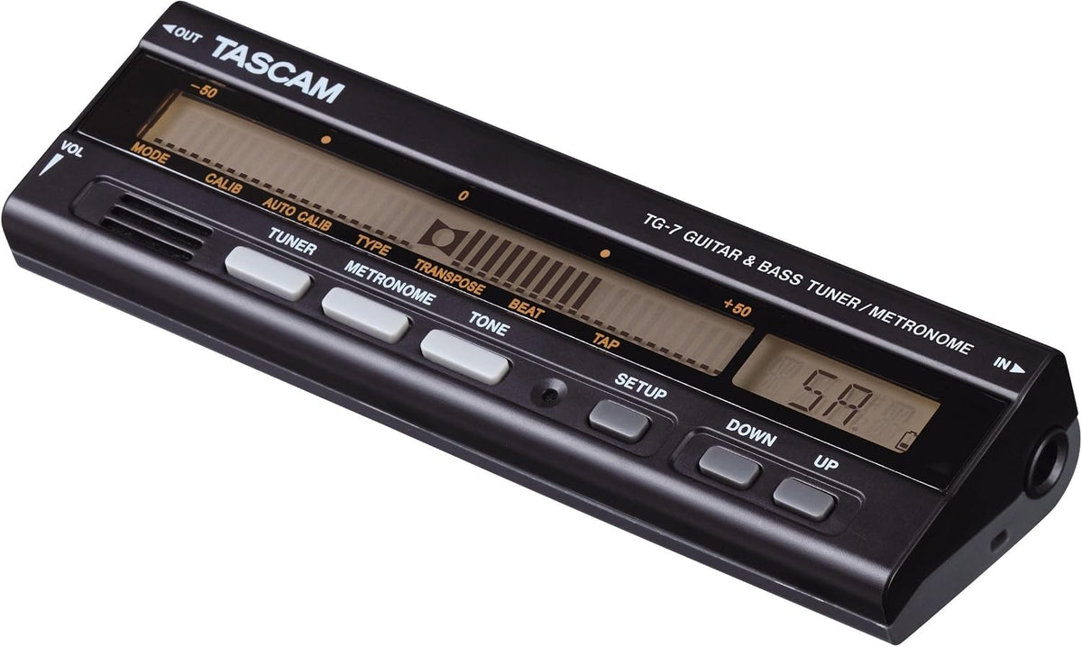 Tascam TG-7 guitar tuner side angle showing input jacks
