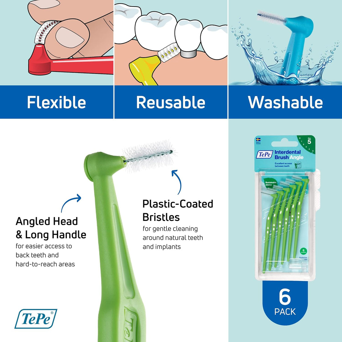 TEPE Interdental Brush Angle, Angled Dental Brush for Teeth Cleaning, Pack of 6, 0.8 mm, Large Gaps, Green, Size 5 - Image 5