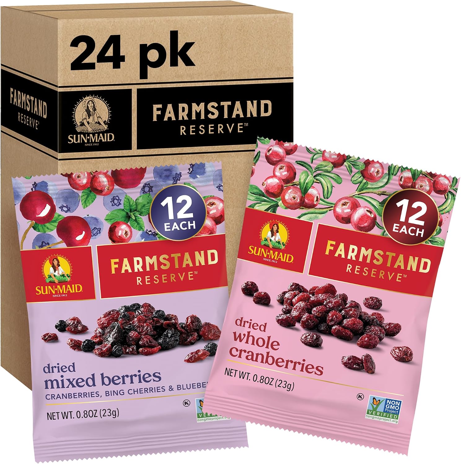 Sun-Maid Farmstand Reserve 24 Count Variety Pack front view showing 0.8 Ounce snack bags.